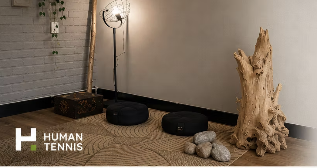 De rustige coachingsruimte met meditatiekussens en warme verlichting